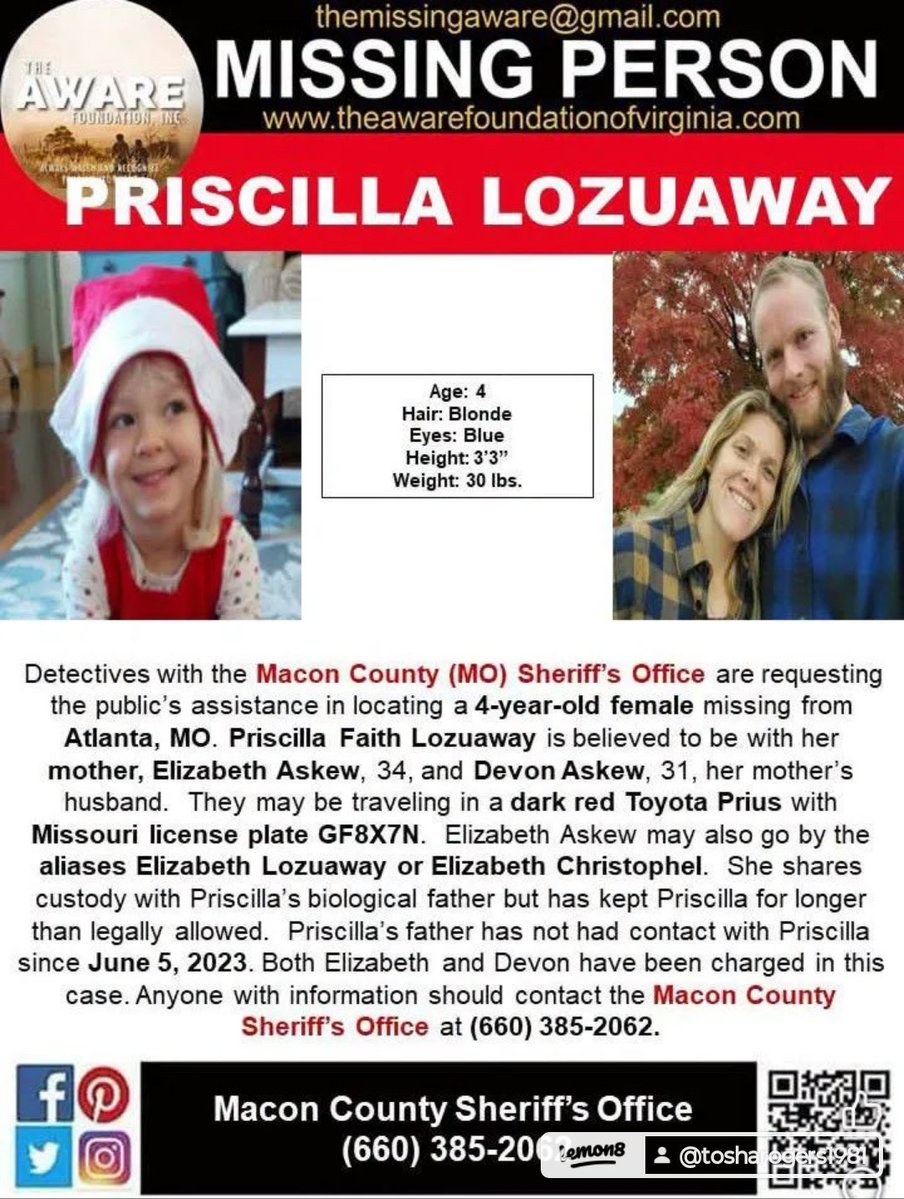tosharogers10's tweet image. 🚨 MISSING: Priscilla Lozuaway (4). Last seen in Atlanta, MO. May be in a red Toyota Prius (MO plate GF8X7N) with Elizabeth &amp;amp; Devon Askew. If seen, call Macon County Sheriff at (660) 385-2062. Please share to help bring her home! #MissingPerson #Missouri