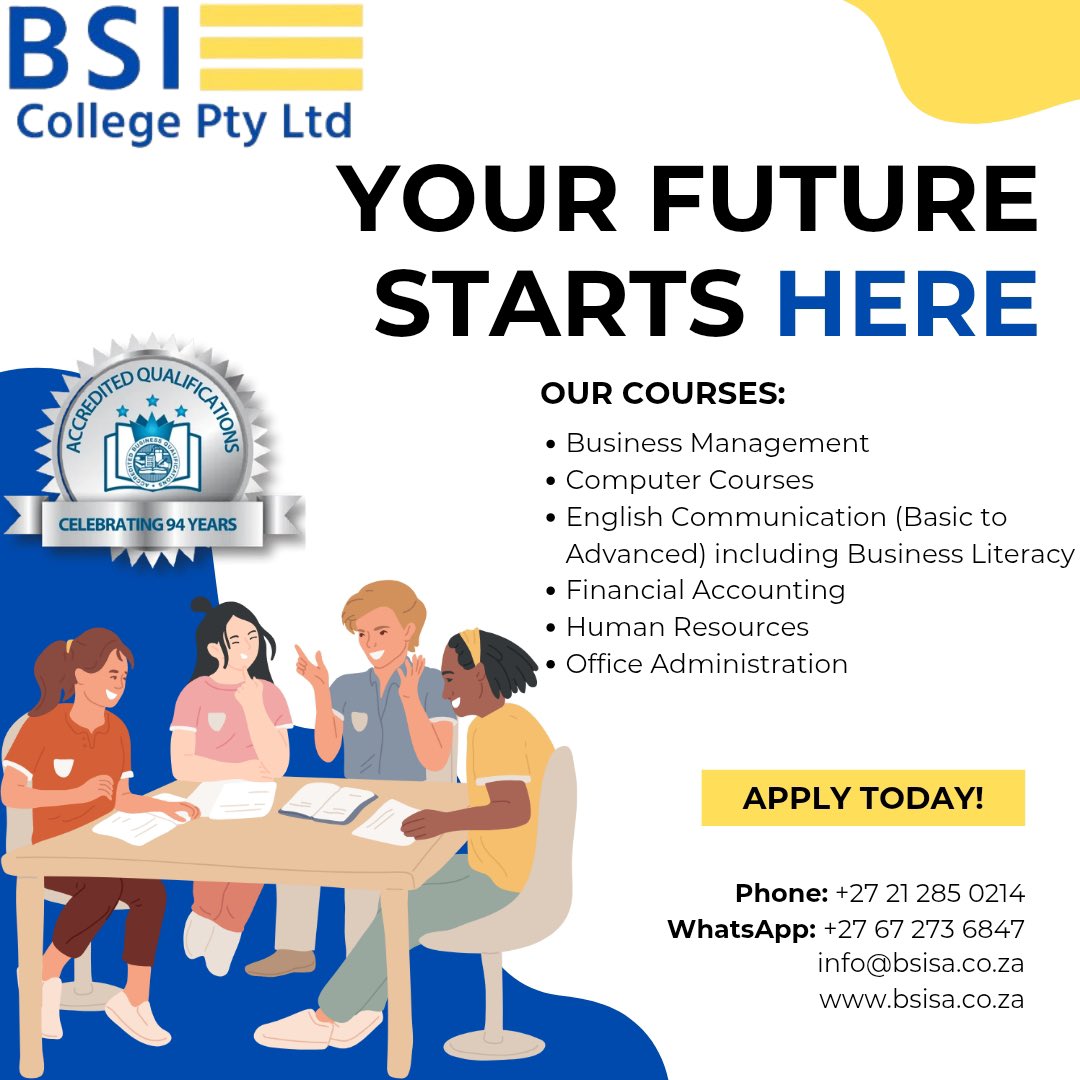 bsicollegesa's tweet image. New day, new opportunity to invest in yourself📚

Gain real-world skills that prepare you for the workplace with BSI College.
#BSICollege #InvestInYourself #CareerReady