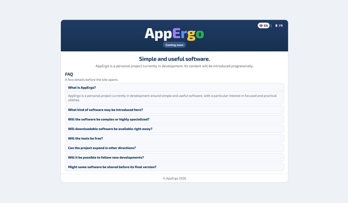 AppErgoHQ's tweet image. A first bilingual 🇬🇧/🇫🇷 landing page is now online as I keep building the first beta of the website.

Multilingual maintenance and updates pages (🇪🇸 🇯🇵 🇩🇪...) are also planned, as they’ll be very useful in the early stages.

appergo.com

#IndieDev #BuildInPublic