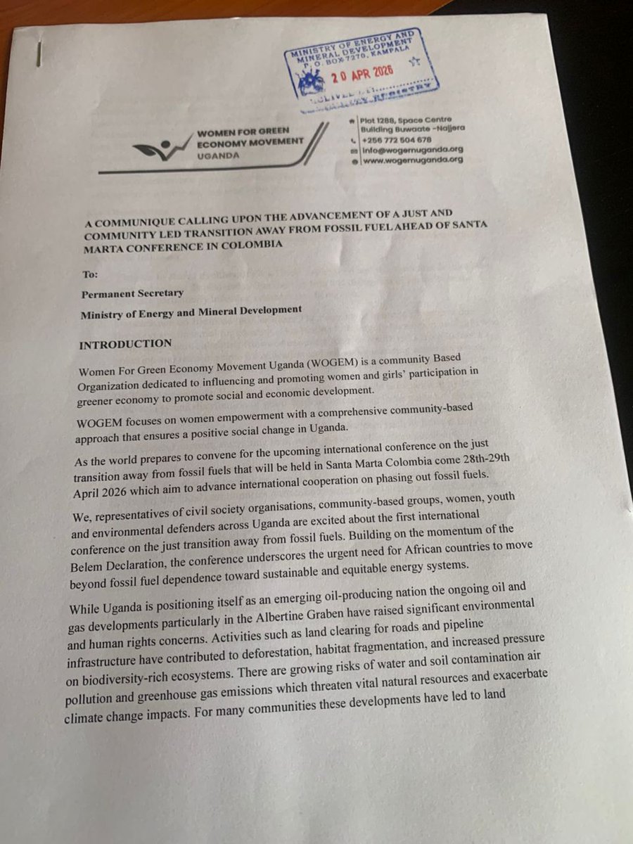 WogemU's tweet image. Together with fellow #civilsocietyorganizations, we submitted a #communiqué to the @MEMD_Uganda  calling for a just, inclusive, and community-led transition away from #fossilfuels ahead of the #SantaMartaConference.
Uganda’s energy future must be sustainable and people-centered.