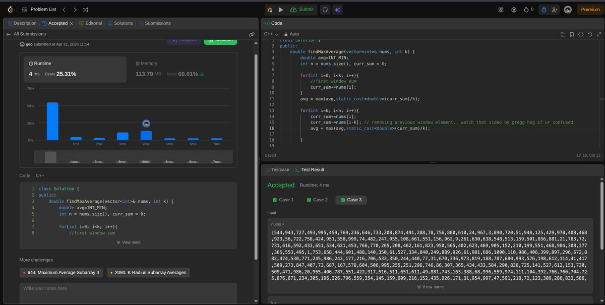geo_codes_'s tweet image. Yeah so learned the sliding window and 2 pointer approach yesterday. Today, I implemented it in a problem (Fixed length sliding window).

#slidingwindow #dsa #leetcode