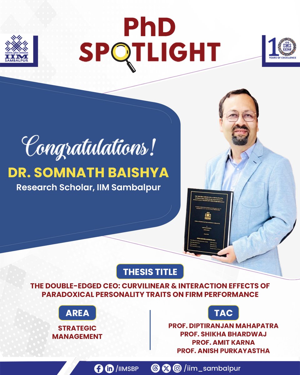 iim_sambalpur's tweet image. Congratulations to Dr. Somnath Baishya, #ResearchScholar #IIMSambalpur, on the successful completion of his doctoral journey.

#Thesis Title: The Double-Edged CEO: Curvilinear &amp;amp; Interaction Effects of Paradoxical Personality Traits on Firm Performance

Area: #StrategicManagement