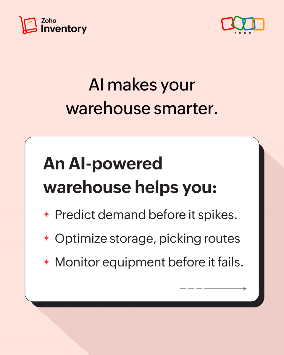 ZohoInventory's tweet photo. Running a warehouse without AI is like having a team that never gets smarter. You're reacting to problems instead of preventing them.
Read the full guide to see how AI is reshaping the future of logistics 👉 https://t.co/6CWF2qBTCQ https://t.co/On5CIGAIIy