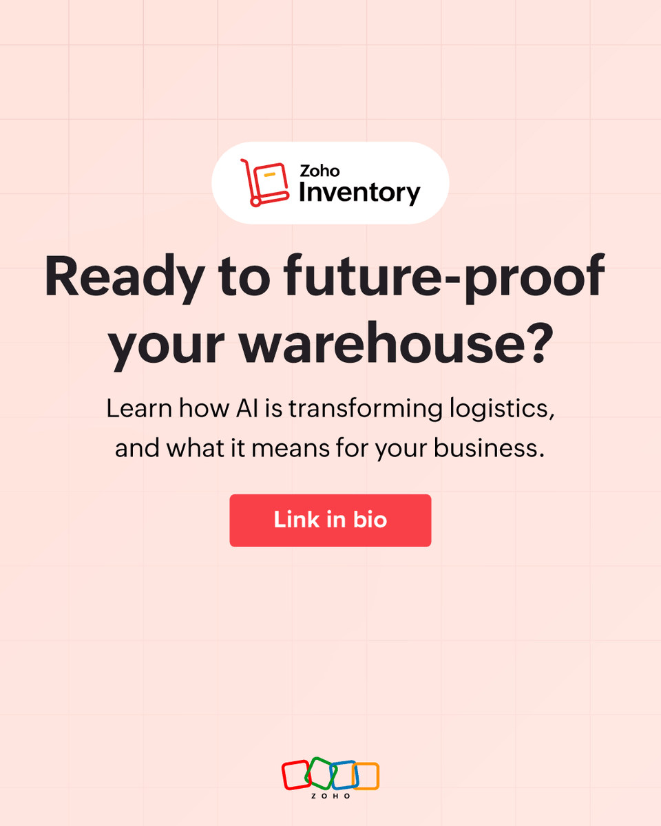 ZohoInventory's tweet photo. Running a warehouse without AI is like having a team that never gets smarter. You're reacting to problems instead of preventing them.
Read the full guide to see how AI is reshaping the future of logistics 👉 https://t.co/6CWF2qBTCQ https://t.co/On5CIGAIIy