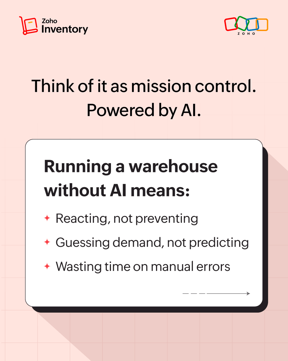 ZohoInventory's tweet photo. Running a warehouse without AI is like having a team that never gets smarter. You're reacting to problems instead of preventing them.
Read the full guide to see how AI is reshaping the future of logistics 👉 https://t.co/6CWF2qBTCQ https://t.co/On5CIGAIIy