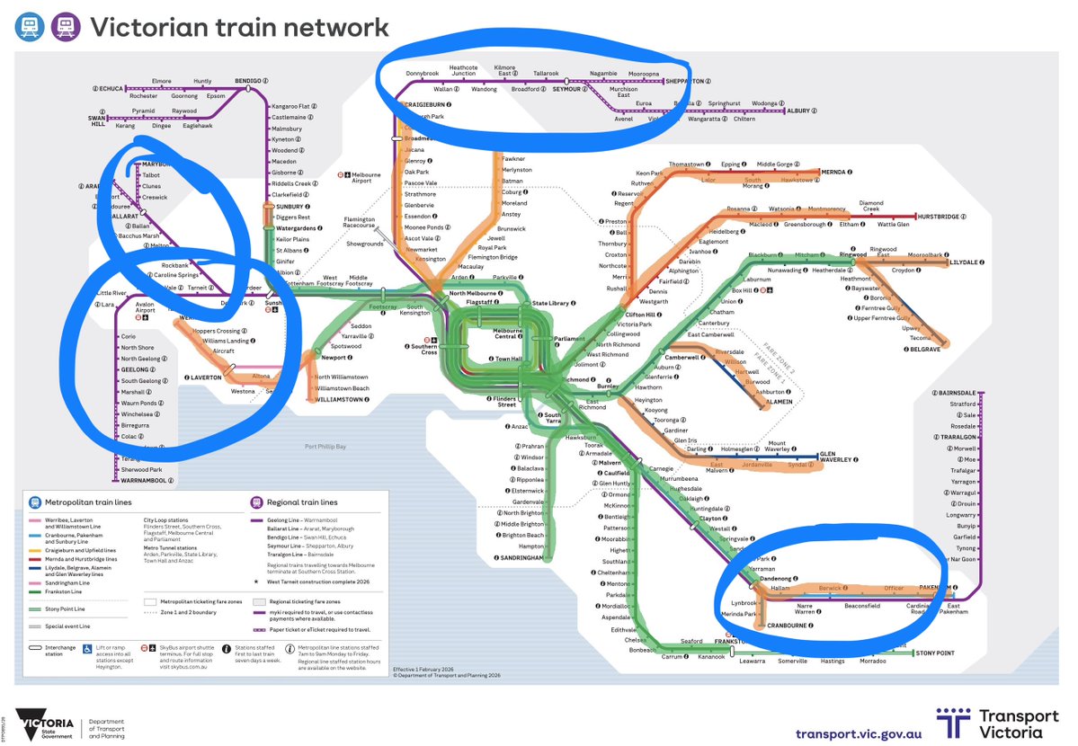 Llib7's tweet image. The more I think about this the more it think that #melbourne ’s #rail system has and is undergoing  revolutionary changes. 

Sounds like hype but it’s not a small system. 

green is mostly 10m frequency 
orange is mostly 20m 
blue are regional upgrades from 20m to 1 hour