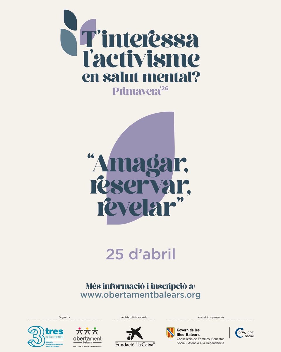 3SalutMental's tweet photo. Taller “Amagar, reservar, revelar” Inscripcions obertes fins dijous 23! 
#SalutMental #NoEstigma #ObertamentBalears #IRPFSocial @GOIB_Social @FundlaCaixaCAT https://t.co/S5U6bXoXPC