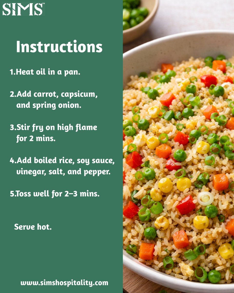 SIMS_Delhi's tweet image. 🍚✨ Recipe of the Week – Quick Veg Fried Rice

A quick, tasty, and colorful dish made with fresh veggies and simple ingredients. 🥕🌶️
Perfect to learn basic cooking skills in minutes! 👨‍🍳

📞 Call Now: 8860781847
🌐 simshospitality.com

#recipeoftheweek #hoteljobs #hotel