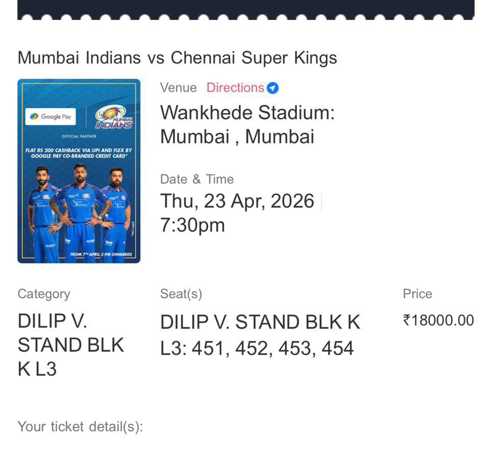 thirumavalavan2's tweet photo. 🔥 MI 🆚 CSK | 23rd April 🔥

📍 SACHIN TENDULKAR STAND (Lvl 3)
• Block G – Seats: 129, 130, 131, 132 

📍 DILIP VENGSARKAR STAND (Level 3)
• Block K – Seats: 551,552,553,554 
• Block K – Seats: 492
At affordable prices

📍Online ticket transfer 
DM me if any body wants https://t.co/mw8477oXBE