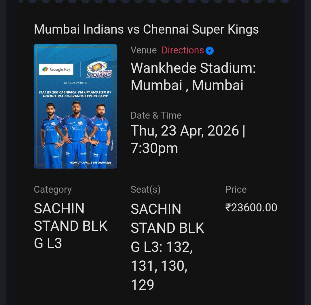 thirumavalavan2's tweet photo. 🔥 MI 🆚 CSK | 23rd April 🔥

📍 SACHIN TENDULKAR STAND (Lvl 3)
• Block G – Seats: 129, 130, 131, 132 

📍 DILIP VENGSARKAR STAND (Level 3)
• Block K – Seats: 551,552,553,554 
• Block K – Seats: 492
At affordable prices

📍Online ticket transfer 
DM me if any body wants https://t.co/mw8477oXBE