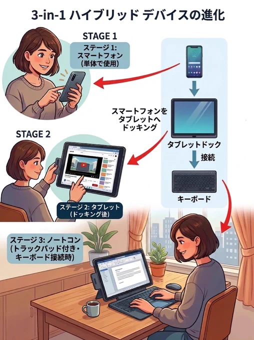 モバイル液晶モニターにスマホを差し込むとタブレットにになって、それをトラックパッド付きのキーボードとドッキングさせるとノートPCになるやつ欲しい 