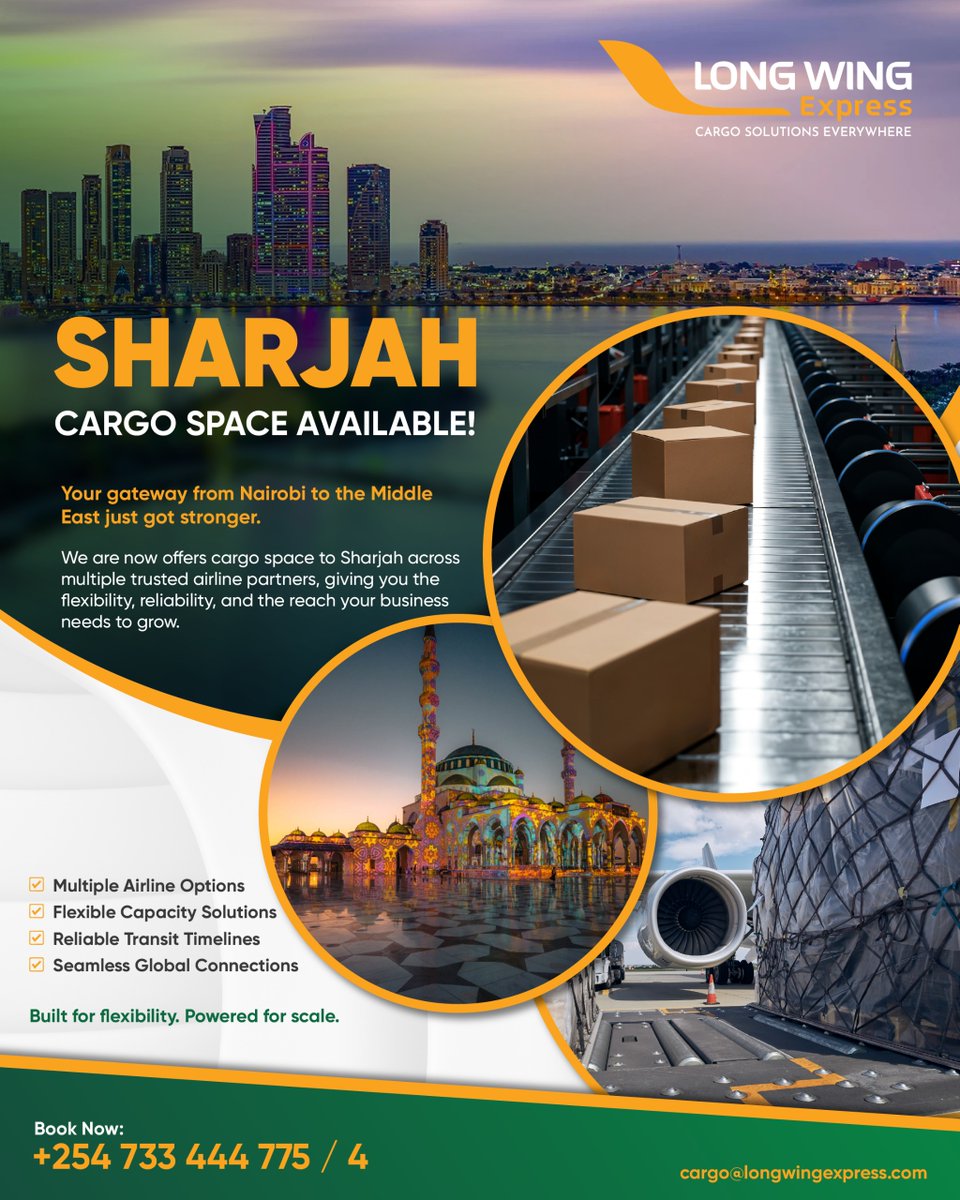 LongWing254's tweet photo. Sharjah is calling✈️📦

With reliable cargo space from NBO to Sharjah, powered by multiple airline partners, your shipments get flexibility, speed &amp; consistency they deserve. 
More routes. One trusted partner.
📩 cargo@longwingexpress.com

#sharjah #middleeasttrade #supplychain https://t.co/29qxw1EPfv