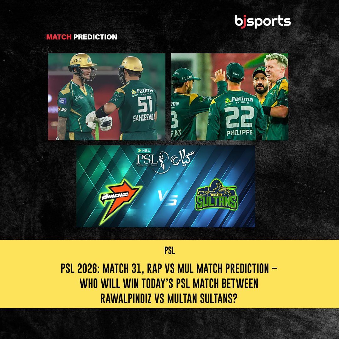 Bjsports_OFC's tweet image. PSL 2026: Match 31, RAP vs MUL Match Prediction – Who will win today’s PSL match between Rawalpindiz vs Multan Sultans?

👉 Read More: bit.ly/4evZXJ5

#Baji #BjSports #Sports #Cricket #PSL2026 #RAPvsMUL #Rawalpindiz #MultanSultans #MatchPrediction