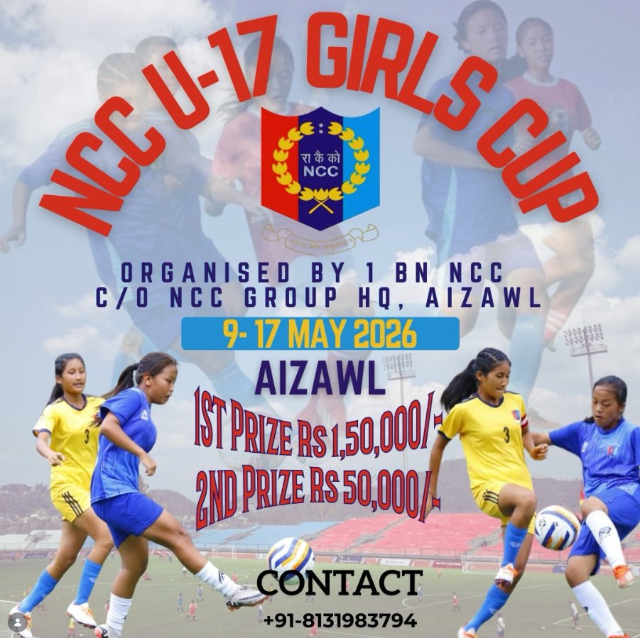 Mizoram’s young queens are ready to make history on the pitch ⚽✨
U-17 Girls Tournament with the biggest prize money ever in the state 🇮🇳💰
#MizoramFootball #WomenInSports #ExploreMizoram #JrNTR #Earthquake #AllVotes4TwoLeaves #ShaneNigam <a href="/MizoramFootball/">Mizoram Football Association</a> <a href="/MizoramNyks/">MY BHARAT MIZORAM</a>