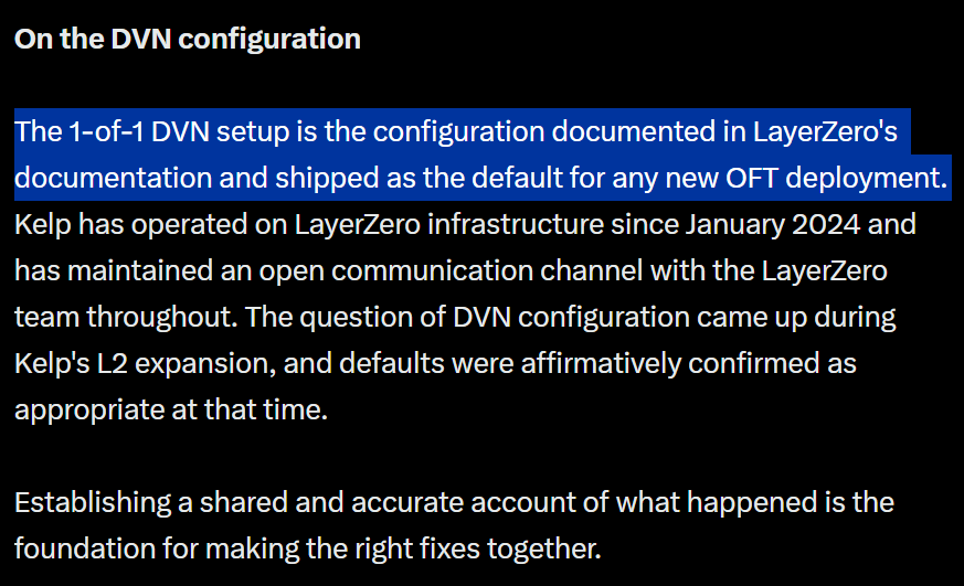 bokujyuumai's tweet image. ちなみにKelpDAOはLayerZero v2のデフォルトが1-of-1 DVNの検証だからって批判中。KelpDAOの資金調達はわずか1000万ドル、Arbitrumが約3~4割ほどの被害額を救済できても未だに弁済は不可能。