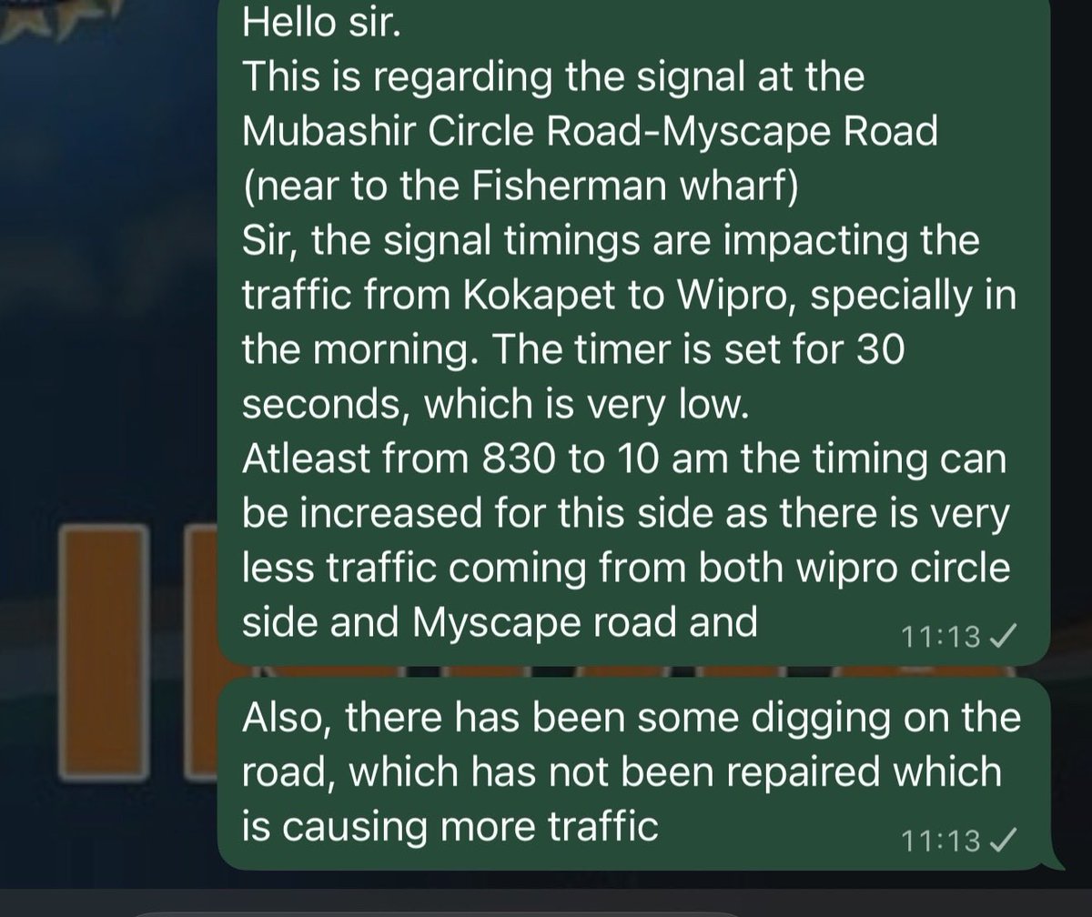 Y2Kush's tweet photo. @cybtraffic @hydtp 
Sir, lot of traffic at Mubashir circle-Myscape Road due to improper timer setting, esp in morning. Causing inconvenience for traffic from Kokapet to Wipro Circle.
Also, road dug up and not repaired. Adding to traffic https://t.co/2HXNTaTV5L