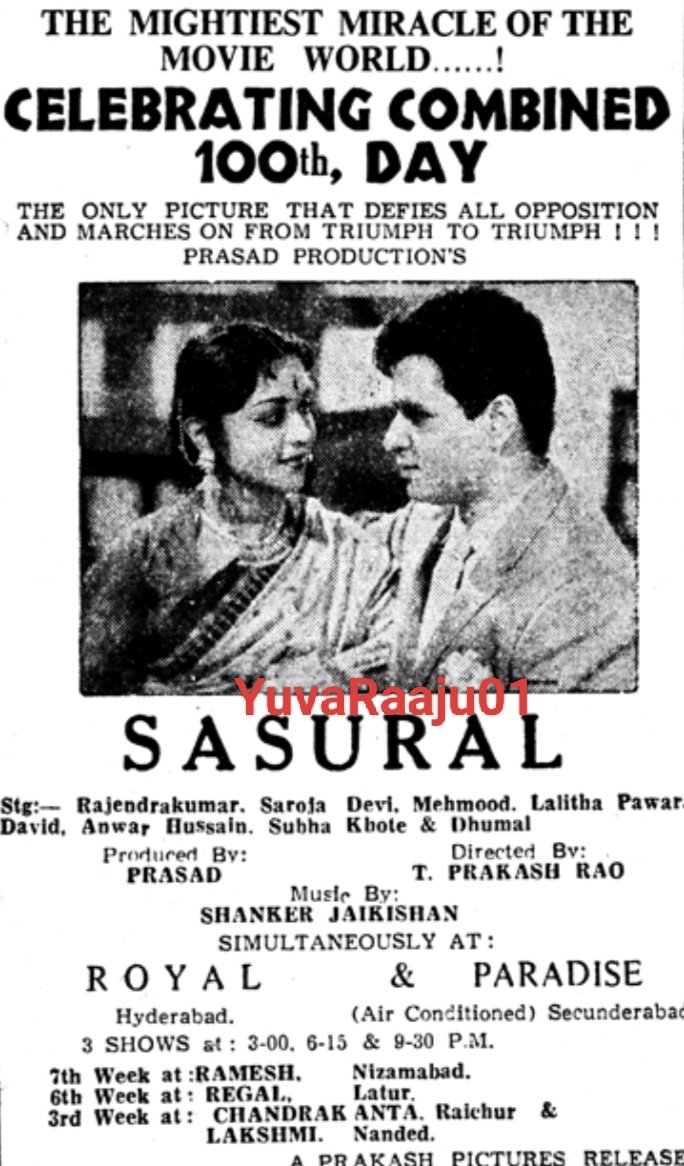 YuvaRaaju01's tweet photo. #65YearsForSasural
Starring: #RajendraKumar
Official remake of Telugu hit movie #Illarikam
Hyd - ROYAL - 182DAYS RUN 💥👌🔥 Replaced with #Khilari
Secbad - PARADISE - 86DAYS RUN 💥💥 Replaced with #Shantha https://t.co/XVI7Cs69KX