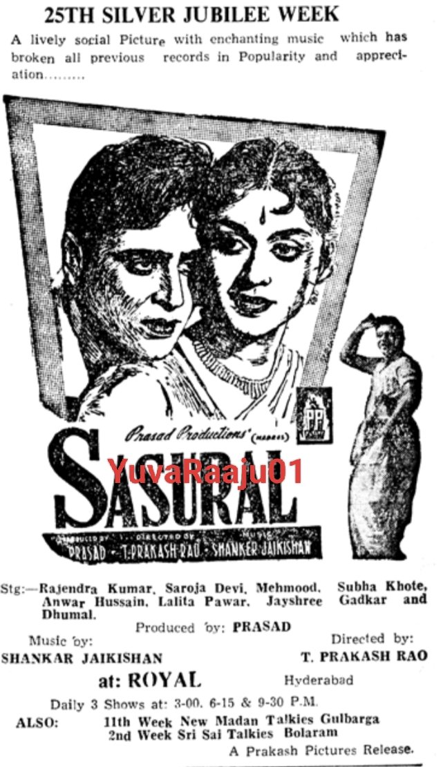 YuvaRaaju01's tweet photo. #65YearsForSasural
Starring: #RajendraKumar
Official remake of Telugu hit movie #Illarikam
Hyd - ROYAL - 182DAYS RUN 💥👌🔥 Replaced with #Khilari
Secbad - PARADISE - 86DAYS RUN 💥💥 Replaced with #Shantha https://t.co/XVI7Cs69KX