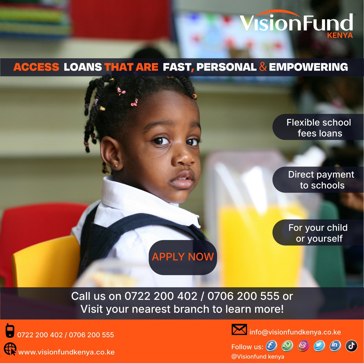 VisionFundKE's tweet image. chools reopen next week; hakikisha watoto wanasoma bila stress!

Chukua Education Loan leo:
✅ Fast approvals
✅ Flexible repayment
✅ Invest in their future
Call 0722 200 402 / 0706 200 555 or visit a branch.
#LoansThatEmpower #VisionFundKenya #BackToSchool