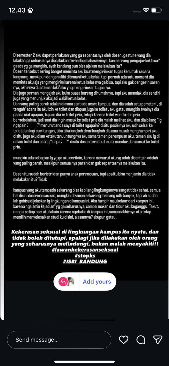 [retweet are highly appreciated]

Gw tau akun gw kecil dan akan sangat sulit (mungkin) untuk menjangkau khalayak luas, satu retweet akan sangat berharga dan membantu. Temen gw, SEORANG MAHASISWI, mendapatkan perilaku yang sangat tidak pantas dari seorang pendidik di kampusnya.