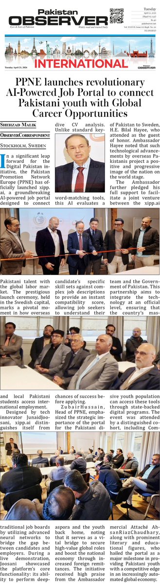 zghussain's tweet image. Big move for #DigitalPakistan! 🇵🇰🚀

PPNE collaborates with xipp.ai to launch a revolutionary AI-powered job portal in Stockholm! 🇸🇪

Guest of Honor: H.E. @BilalHayee (Ambassador of Pakistan to Sweden) 🤝

Deep CV analysis starts here: 🔗 xipp.ai
