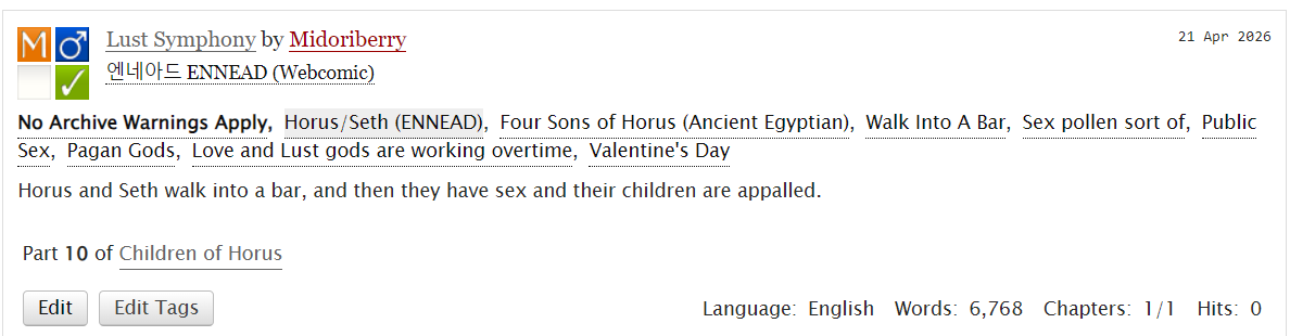 LazuliLotus's tweet photo. Lust Symphony 
Pairing: Horus x Seth      
Rating: Mature 
Warnings and tags in the link below. Read at your own risk. 

Horus and Seth walk into a bar... It's owned by their son Qebehsenuef and it's Valentine's Day. 

https://t.co/xXgzRgqQQ7

#Ennead https://t.co/k26jISvsNS