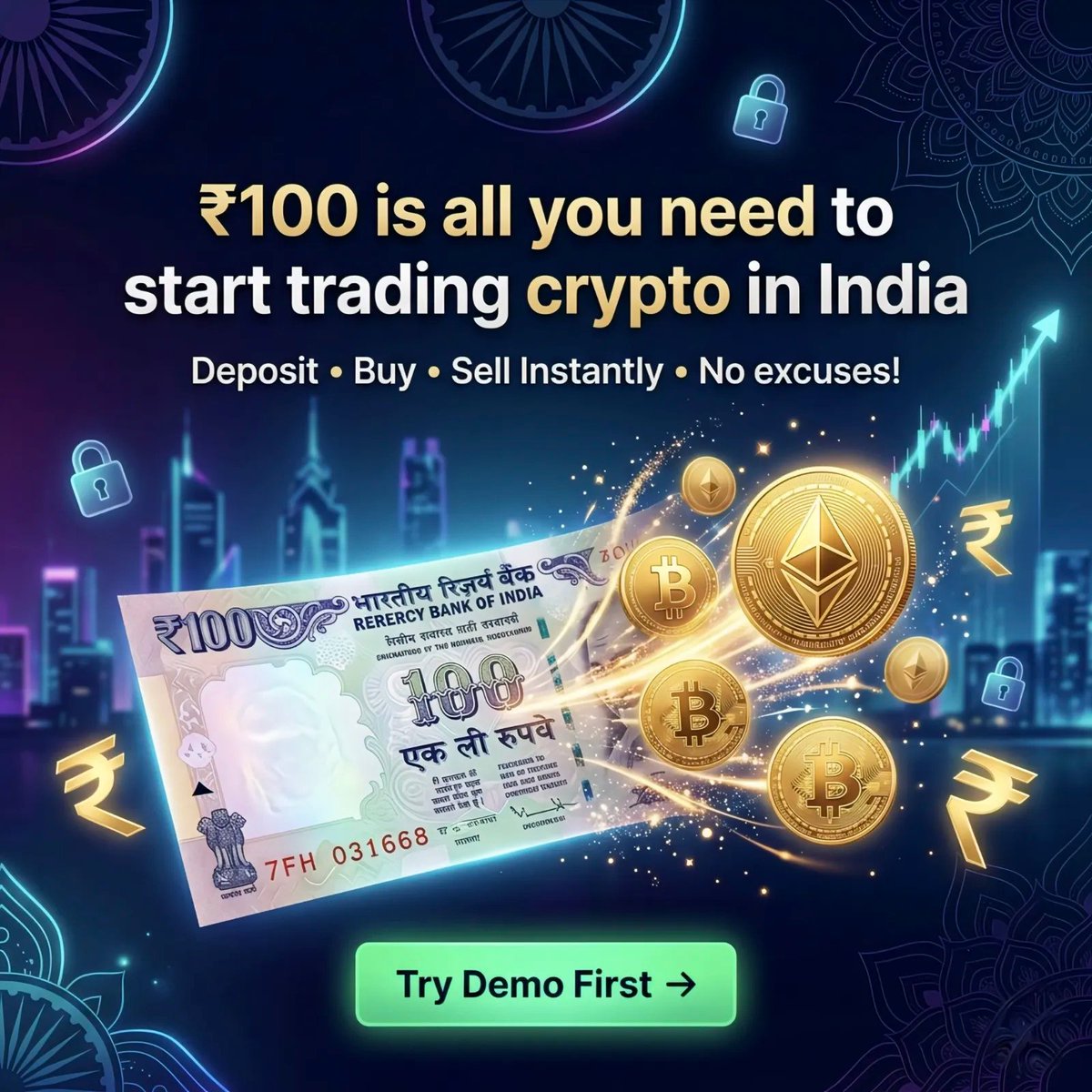 BertBeffort's tweet photo. Only ₹100 to start crypto trading in India 🔥 

Deposit • Buy • Sell instantly! No excuses!

Try Demo → https://t.co/8MKCECJHow

#CryptoTrading #BitcoinIndia #CryptoInIndia #IndianCrypto #Altcoins https://t.co/O9vhr04GPL