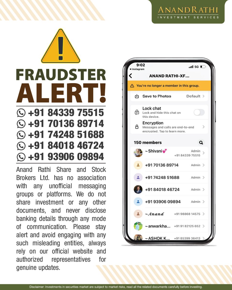 rathi_online's tweet image. Anand Rathi Share and Stock Brokers Ltd. has no association with any unofficial WhatsApp groups or platforms like “AR Alpha Returns P101.” We do not share investment advice, documents, or banking details through such channels. 

#StayAlert #ScamAlert #StayProtected #AnandRathi