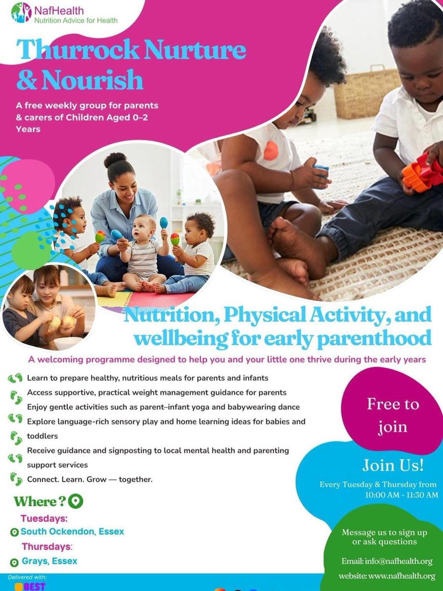 nafhealth's tweet photo. Thurrock Nurture &amp; Nourish in South Ockendon Today!
🕙 10:00–11:30am

For parents/carers with children 0–2 
Connect, learn simple nutrition tips &amp; enjoy a welcoming space.

📍 South Ockendon
📞 07985 421726
📧 info@nafhealth.org

#NurtureAndNourish #NafHealth #ThurrockFamilies https://t.co/cv6JUvpDv7