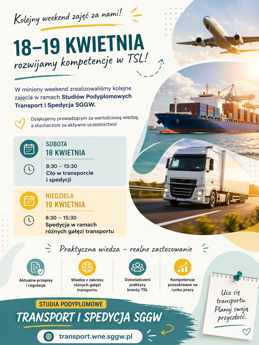 transportSGGW's tweet image. 📘 18–19 kwietnia – zajęcia na studiach
Transport i Spedycja SGGW
Tematy:
▪ Cło w transporcie
▪ Spedycja w różnych gałęziach transportu

🌐 transport.wne.sggw.pl
🔗 transport.wne.sggw.pl/plan-zajec/
#transport #TSL #logistyka #SGGW