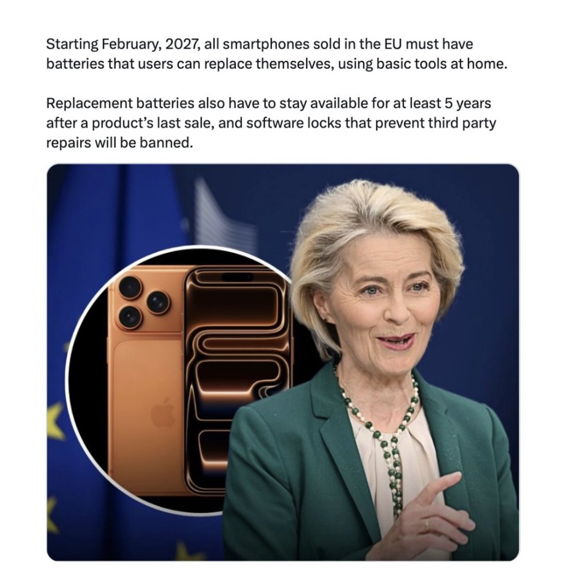 Crowdhillon's tweet image. Starting 2027, the European Union is forcing smartphone brands to change.

User-replaceable batteries.
Long-term spare parts.
No blocking third-party repairs.

Less forced upgrades. More control for users.

Built to last, not to be replaced.

#EU #Smartphones #TechNews