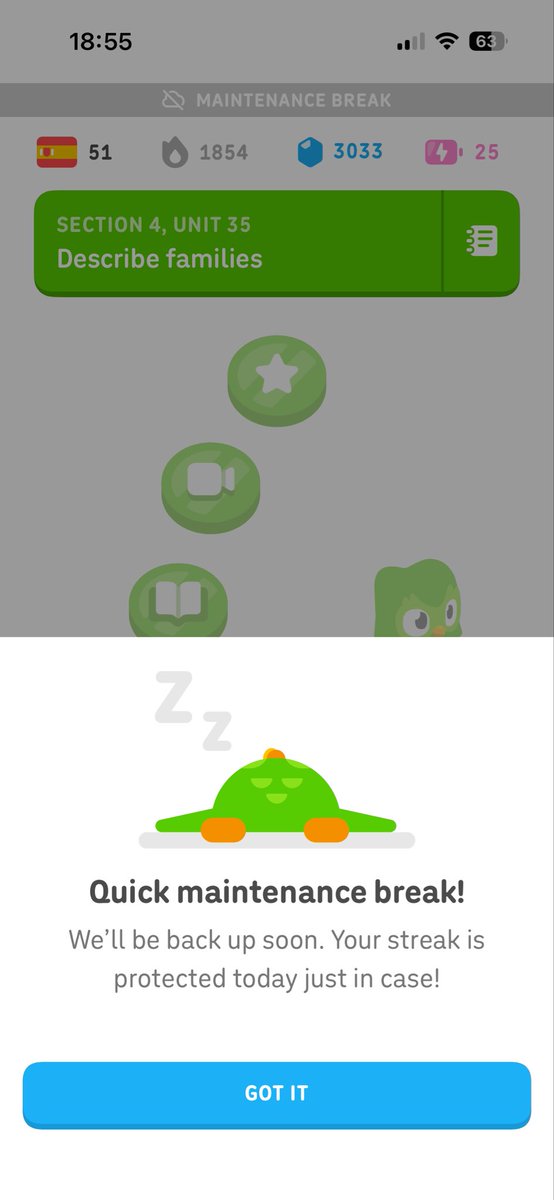 Ladyette_Bailey's tweet photo. @duolingo got a maintenance message yesterday - it said my steak would be protected by I’ve had to use a streak freeze now today. Can you please amend this? https://t.co/NcyjpqixsY