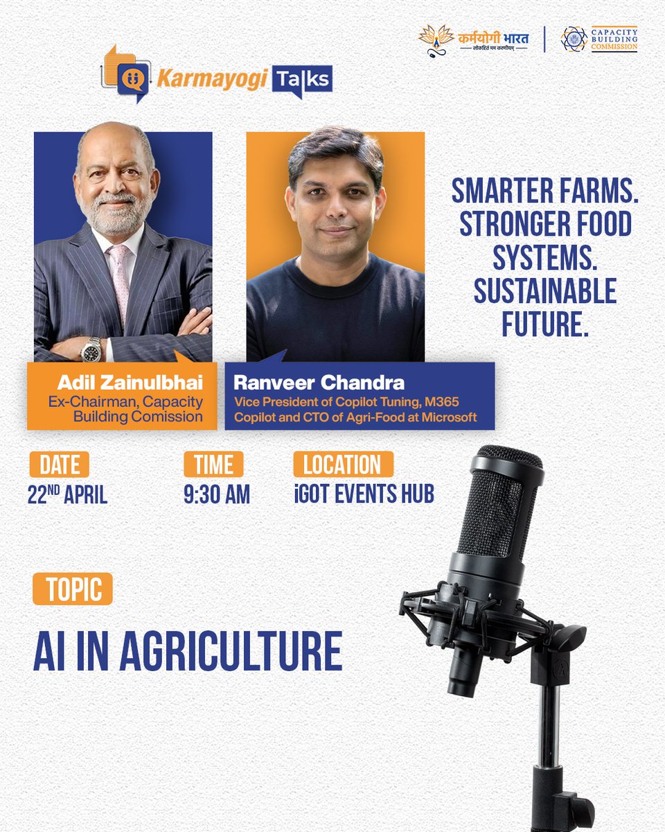 iGOTKarmayogi's tweet photo. 1/3
Presenting the latest episode of #KarmayogiTalks featuring @RanveerChandra, Vice President of Copilot Tuning, M365 Copilot, and CTO of Agri-Food at Microsoft, in a thought-provoking conversation with @AdilZainulbhai, Former Chairman, @CBC_MK, on ‘AI in Agriculture.’ https://t.co/grVobBnPV8