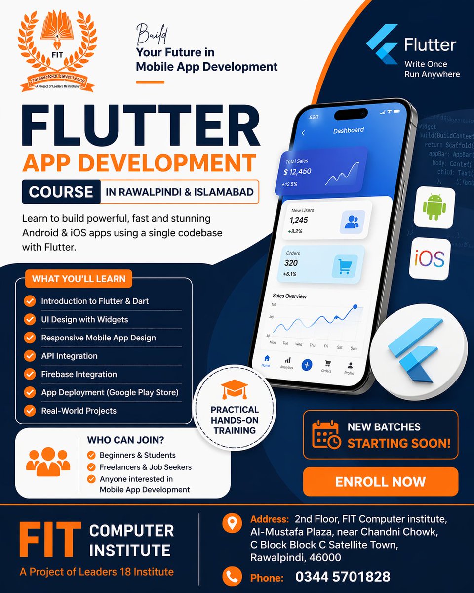 FitComputer's tweet image. Flutter App Development Course In Rawalpindi And Islamabad
🏫 Institute: FIT Computer Institute
📍 Address: 2nd Floor, Al-Mustafa Plaza, Near Chandni Chowk, C Block Satellite Town, Rawalpindi
📞 Phone: 0344 5701828
#FlutterCourse #AppDevelopment #FlutterDeveloper #DartProgramming
