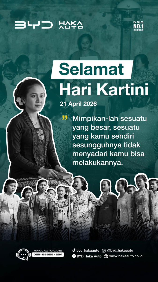 BYD_HakaAuto's tweet photo. Dari mimpi yang sederhana, lahir perubahan yang besar

Kartini hari ini adalah mereka yang berani bermimpi, berkarya, dan melampaui batas

Selamat Hari Kartini untuk seluruh perempuan Indonesia 🌸

#HariKartini #WomenEmpowerment #BYDHakaAuto https://t.co/Pt1DuBnDti