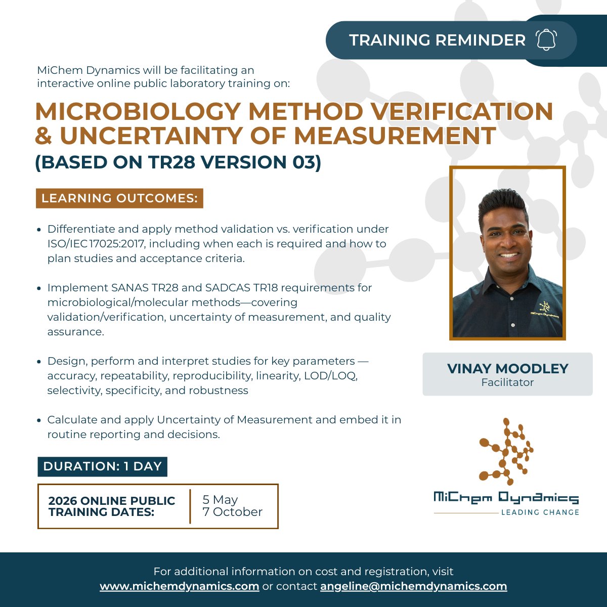 Microbiology Method Validation &amp; Uncertainty of Measurement Training

Based on ISO/IEC 17025 &amp; additional accreditation
5 May 2026
Online | Public Training

Register: michemdynamics.com/training/scien… 

anna@michemdynamics.com / +27 74 779 5239
billal@michemdynamics.com / +27 68 013 8635