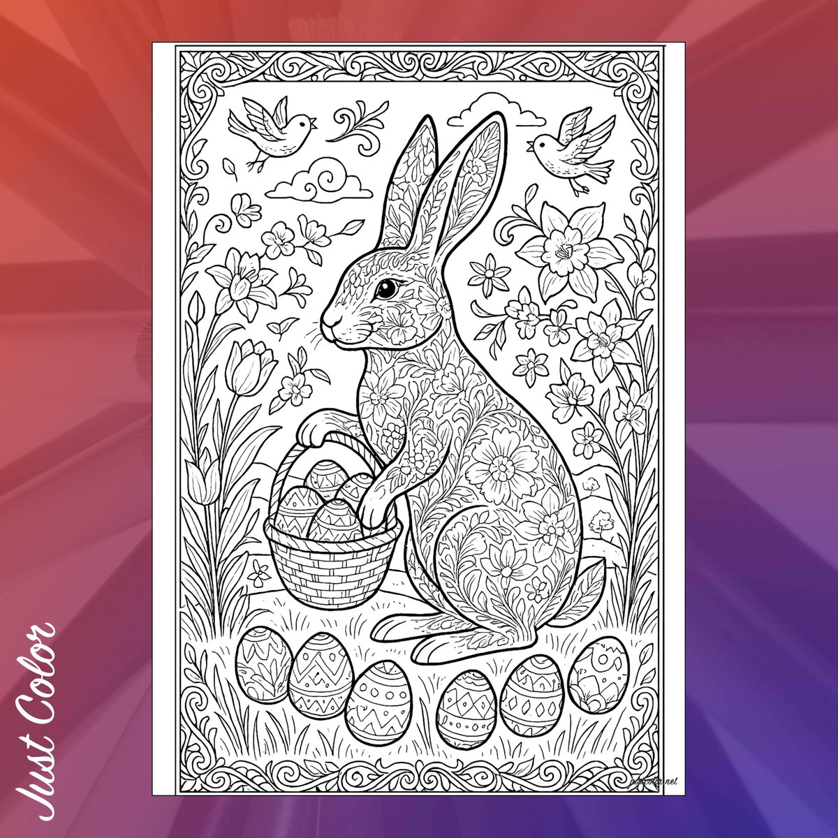 JustColorNet's tweet photo. This beloved coloring page features an intricate rabbit surrounded by woven egg baskets. Its charming details are a favorite for artists of all ages. #ColoringPage #EasterRabbit #ArtTherapy #FreePrintable https://t.co/b5P9BUwKec