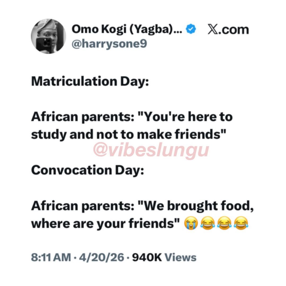 instablog9ja's tweet photo. African parents no dey consistent at all 😂💀

Matriculation: “Face your books, no distraction!” 📚
Convocation: “Where your friends? We even cook jollof come!” 😭🍗

Who else experienced this switch? 👀👇 https://t.co/NkA7UXaYY9