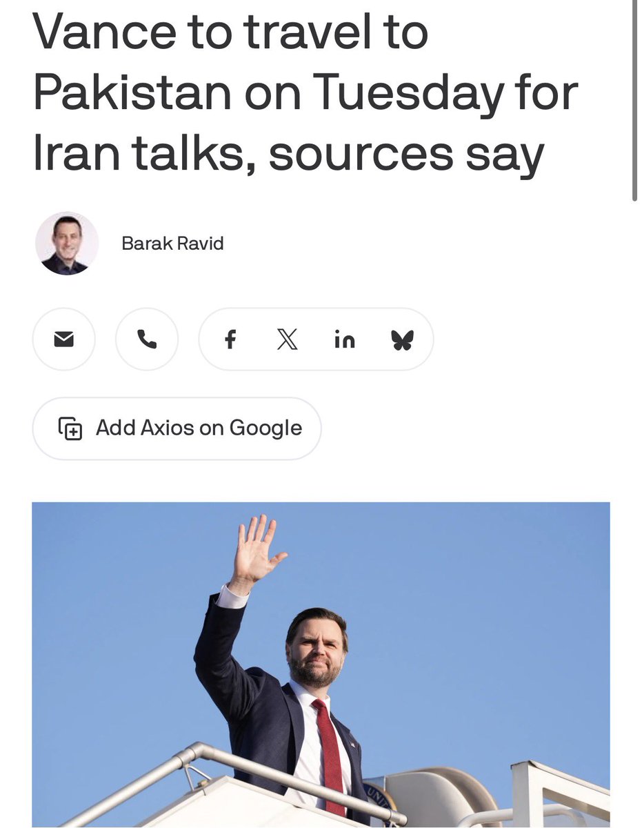 clashreport's tweet image. JD Vance is expected to depart for Islamabad by Tuesday morning for talks with Iran over a potential deal to end the war.

Vance will arrive in Pakistan with the ceasefire on the verge expiring.

Source: Axios