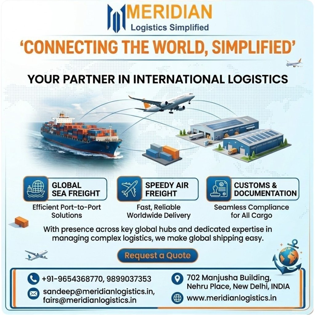 MeridianLogs's tweet image. 🌍 Connecting the world, simplified!
Fast &amp;amp; reliable international logistics solutions 🚢✈️
✔ Sea Freight
✔ Air Freight
✔ Customs Support
📞 +91-9654368770
#Logistics #GlobalShipping #Freight