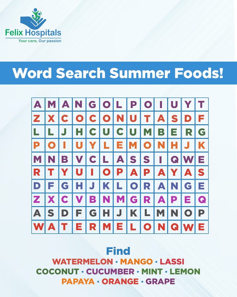 WellnessFelix's tweet image. Summer fun meets healthy eating in this refreshing word search challenge. Find the seasonal foods and celebrate smart hydration and nutrition.

#SummerFun #HealthyEating #WordSearch #NutritionAwareness #HydrationMatters #FunWithLearning #FelixHospital #StayHealthy