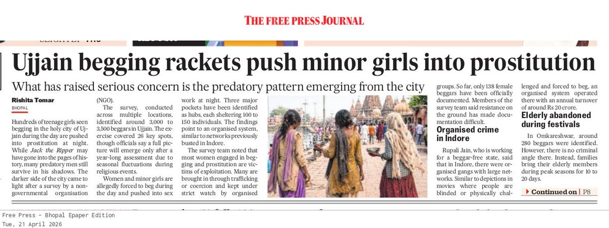 Beggars at sunrise, forced hookers at midnight. This is the story of hundreds of mendicant girls in #Ujjain.

freepressjournal.in/indore/ngo-sur… 

#MadhyaPradesh #MPNews #MadhyaPradeshNews