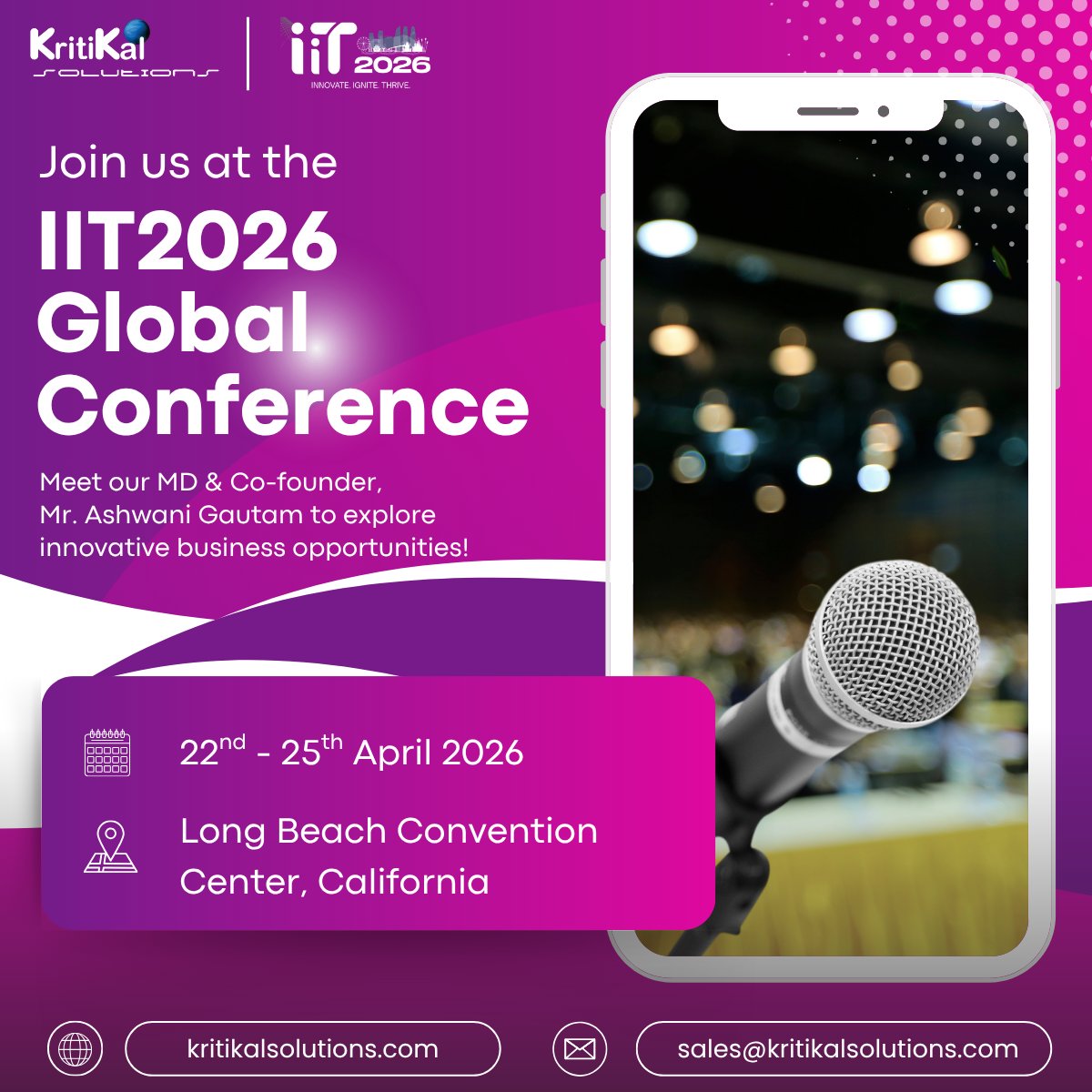KritikalTalk's tweet image. Join KritiKal’s MD &amp;amp; Co-founder, Ashwani Gautam, at the IIT2026 Global Conference in California from 22nd to 25th of April ‘26 to explore groundbreaking innovations.

#KritiKalSolutions #KritiKal  #Networking #BusinessGrowth #Sustainability #AI #MakeInIndia #LLM #IIT2026
