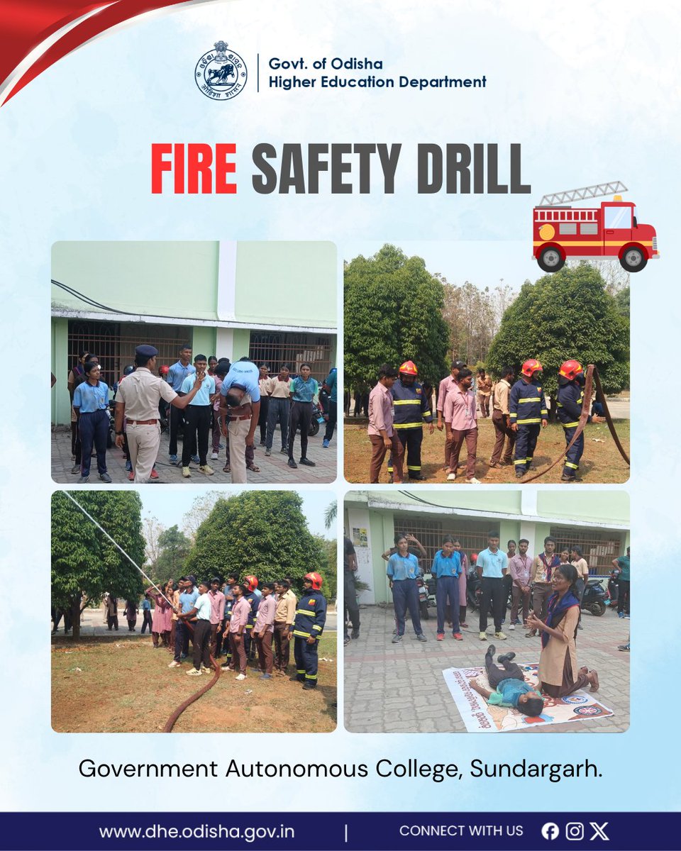 DHE_Odisha's tweet image. Fire safety drill conducted at Government Autonomous College, Sundargarh on 19.04.2026. This event aims to equip students with essential knowledge and skills to ensure their #safety in the event of a #fireemergency.

#highereducation