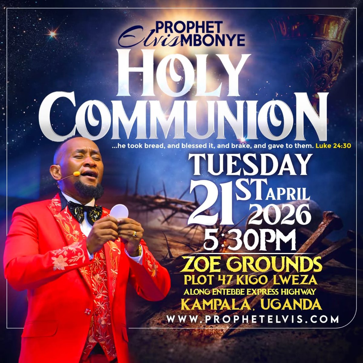 PROPHETIC HOLY COMMUNION IS TODAY!
Starting 5:30 pm at the Zoe Grounds!

The blood of Jesus Christ is the ultimate covenant sacrifice, the price that completely redeemed mankind from eternal damnation. It is a force of supreme authority that uproots, establishes and upholds all