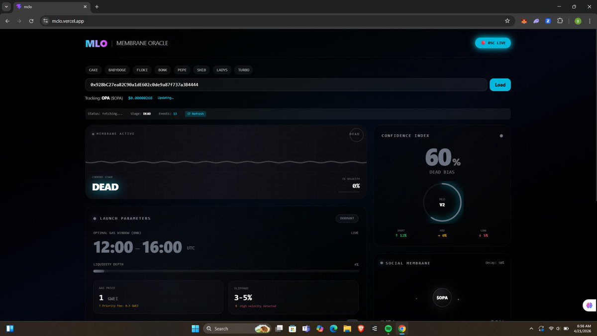 𝐈𝐧𝐭𝐫𝐨𝐝𝐮𝐜𝐢𝐧𝐠 𝐌𝐞𝐦𝐞 𝐋𝐢𝐟𝐞𝐜𝐲𝐜𝐥𝐞 𝐎𝐫𝐚𝐜𝐥𝐞 (𝐌𝐋𝐎), Built for <a href="/fourdotmemezh/">Four.meme-華語</a> AI Sprint. 

Memecoin traders keep buying peaks and selling bottoms.
No more guessing cycles.

MLO reads the room in real time. From: 

Ignition → Momentum → Peak → Decay

𝐇𝐨𝐰