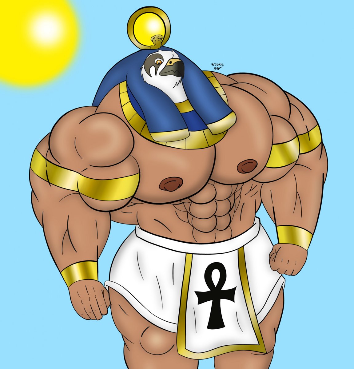RealBrianLeo's tweet photo. Here is my take on the Egyptian God Ra in my style. Here, Ra is standing proudly with his muscle mass of his and looks at the viewer. I think I drew Ra right.

Ra (C) me https://t.co/XnAxN7LcXR