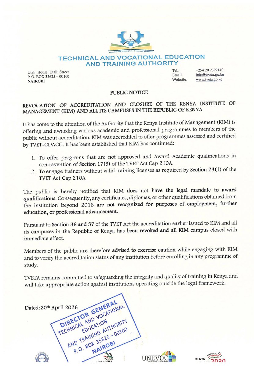 SokoAnalyst's tweet photo. I hate how the current administration is handling affairs. Cancellation of certificates since 2018 is just the height of irresponsibility. Destroying things isn't fixing. We are tired of these guys making our lives hard at every juncture. The KIM issue is a clear reminder of just how irresponsible this government is. 

There are better ways to address issues @TVETAKenya . Stop making our lives harder. Sit with the management of KIM and address each concern better. KIM is the oldest management training institute in the country. Do you know how many people have been affected?