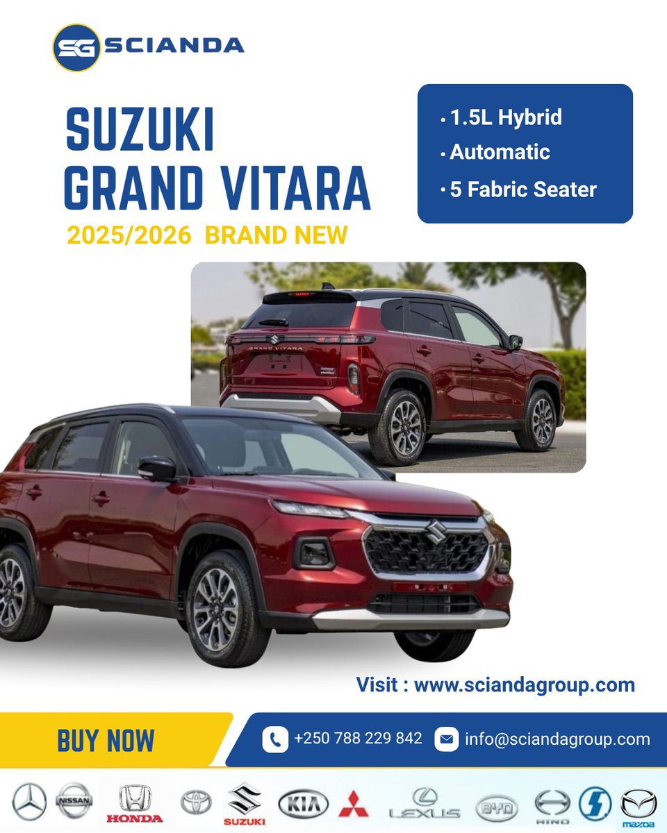 sciandagroup's tweet photo. Suzuki Grand Vitara 2025/2026 Brand New 🚘 | 1.5L Hybrid | Automatic | 5 Seater. Get yours on fair price and short delivery terms.

Visit : https://t.co/nxJXOCnbXw
          https://t.co/faAdIxl0qf

#SuzukiVitara #HybridSUV #Scianda https://t.co/4qhMOhbtC6