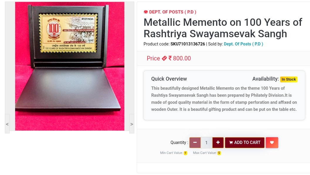 RDSCPhilaUpdate's tweet photo. 🚨 Alert: New collectible drop on ePost Office!

The “Metallic Memento on 100 Years of Rashtriya Swayamsevak Sangh” is now available for ₹800 in epost. Limited stock—grab yours before it’s gone!

#Philately #Collectibles #IndiaPost #RSS100 https://t.co/OhJ8tlGHTD